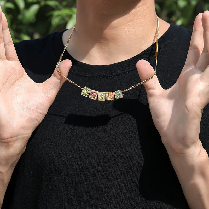 Charms Custom Personality Numbers Letters Name Cube Pendants Necklaces for Men Hip Hop CZ Stone Bling Iced Out Rapper Jewelry 231101