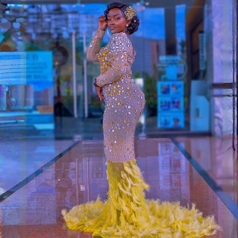 Plu Size Feather Ao Ebi Prom Dree Mermaid Yellow Long Sleeve Colorful Tulle Beaded Rehinetone African Nigeria Glitter Evening Dre Second Reception