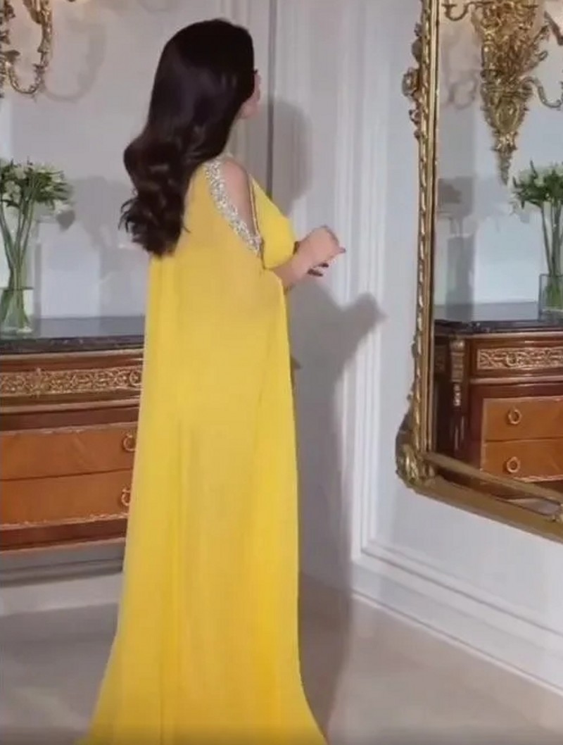 Yellow Women Evening Formal Dress Beaded Long Sleeves O-Neck A-line Birthday Party Gown Prom Dresses 2024 Arabic Robe De Soiree Vestidos De Fieast
