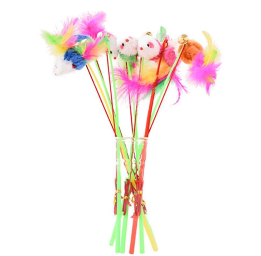 Pets Play Fly Over Wand Interactive Cat Toy Feather Bell Furry Mouse Teaser Stick for All Breed Sizes