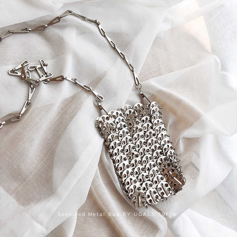 Silver shiny bag hand woven beaded sequin bag mobile phone bag long shoulder belt single shoulder messenger bag female 230401