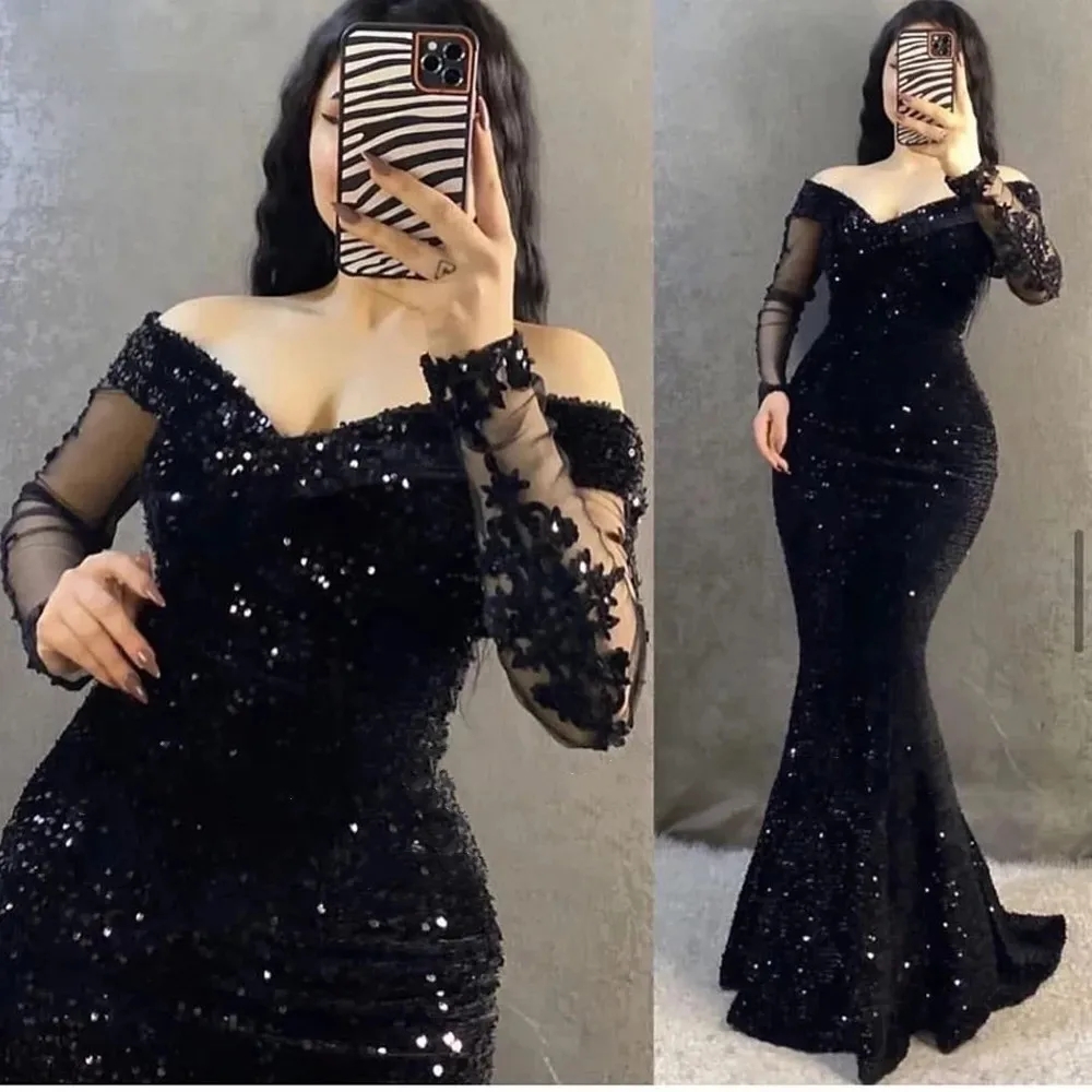 Glitter Sequins Mermaid Black Evening Dress 2025 Off The Shoulder Long Sleeves Women Formal Plus Size Prom Birthday Party Gown Robe De Soiree