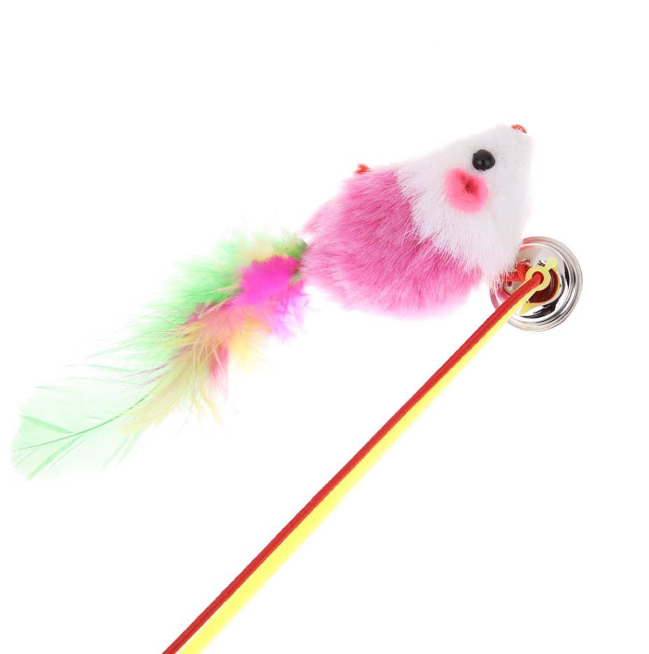 Pets Play Fly Over Wand Interactive Cat Toy Feather Bell Furry Mouse Teaser Stick for All Breed Sizes