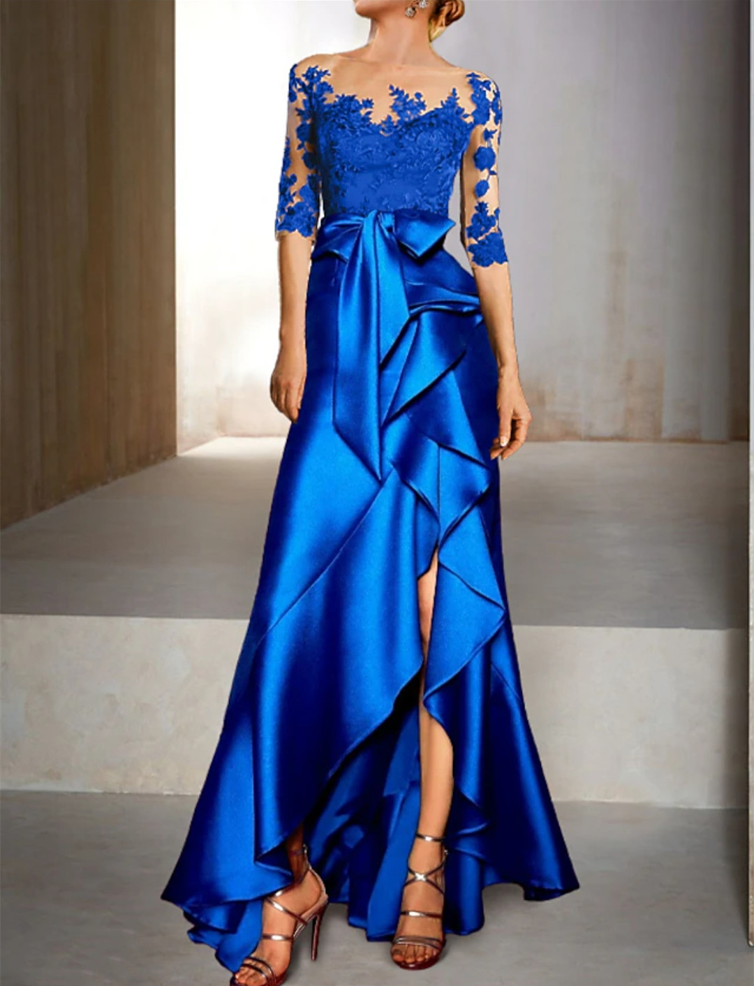 Vintage Long 3/4 Sleeve Satin Blue Mother of the Bride Dresses With Ruffles Mermaid Jewel Neck Sweep Train Mom of The Groom Dress Lace Godmother Dress