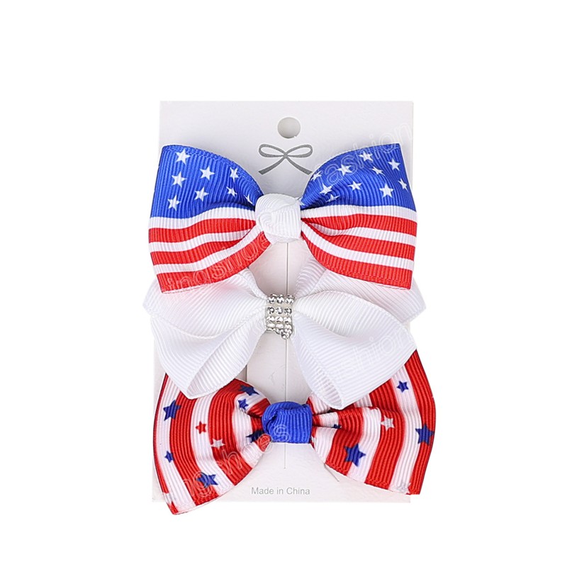 Girls Hair Bows Clip 4th Of July Independence Day Ribbon Bowknot Hairpins Star Stripes USA Flag Patriotic Hair Accessories 3pcs/Lot