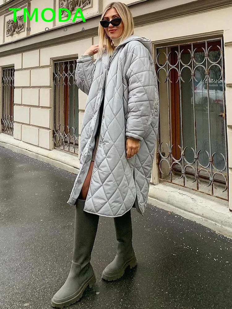 Women's Down Parkas T MODA 2023 Women Loose Warm Midlength Hooded Cotton Jacket Quilted Coat Ladies Pattern Parka Casual Female Chic Thick Outwea
