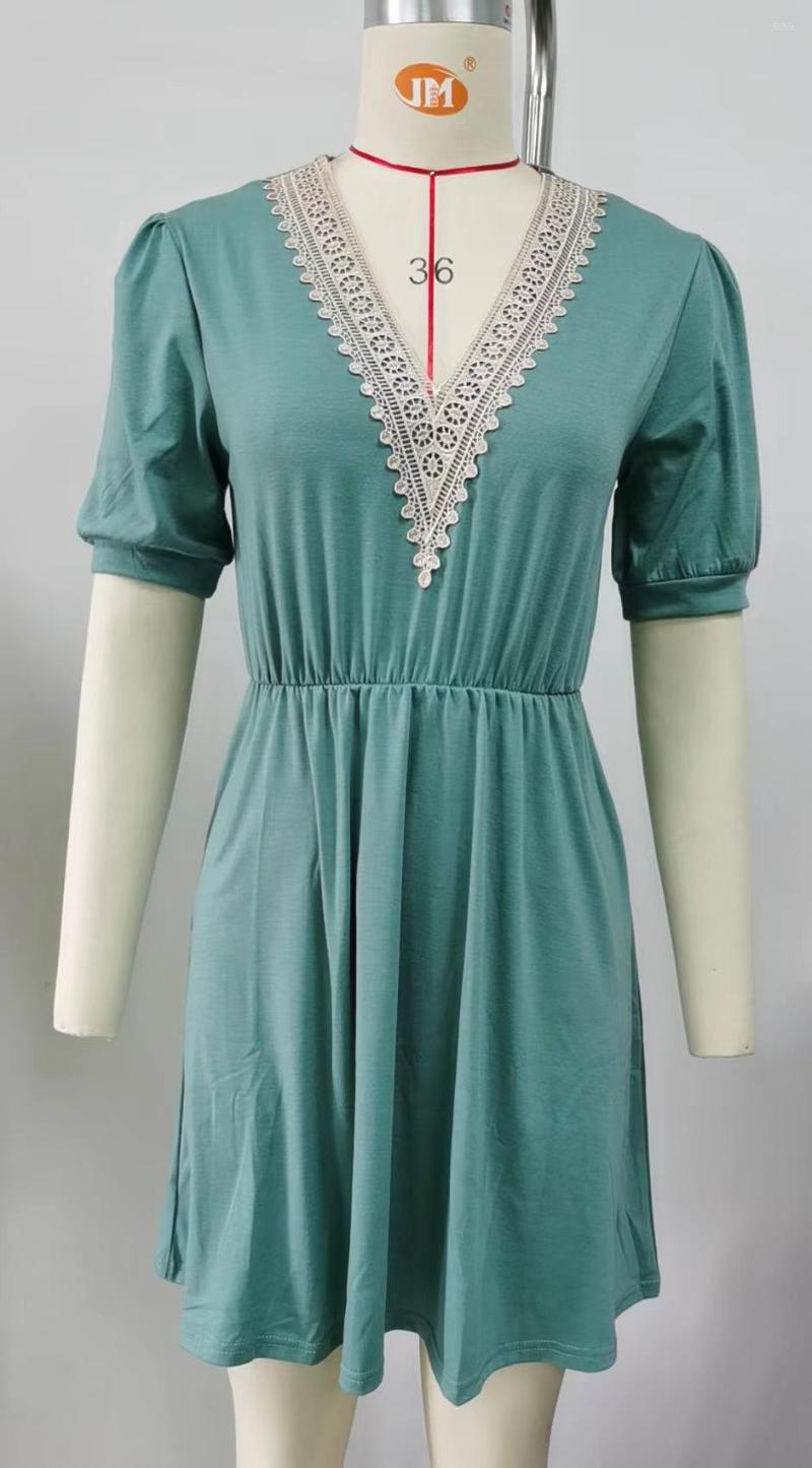 Casual Dresses Vestidos Female 2023 Spring And Summer Solid Color Splicing V-neck Short Sleeve Pocket Dress Fashion Birthday Party