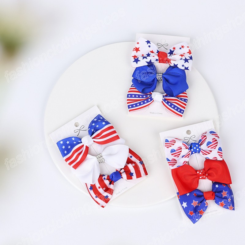 Girls Hair Bows Clip 4th Of July Independence Day Ribbon Bowknot Hairpins Star Stripes USA Flag Patriotic Hair Accessories 3pcs/Lot