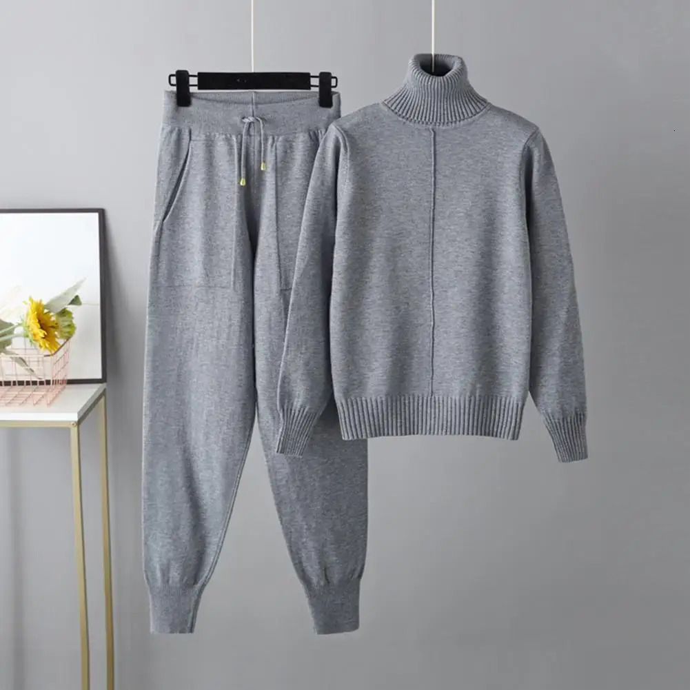 Women's Two Piece Pants Two Piece Cashmere Autumn Winter Women Turtleneck Wool Sweater Suits Fashion Knitted Loose Pant Tracksuit Lady Warm Set 2