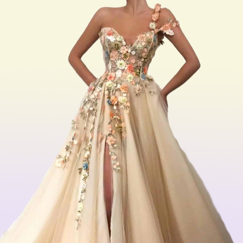 One Shoulder Tulle A Line Long Prom Dresses 3D Floral Lace Applique Beaded Split Floor Length Formal Party Evening Dresses