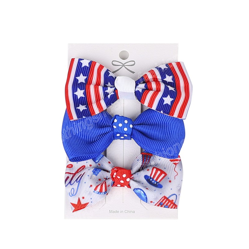 Girls Hair Bows Clip 4th Of July Independence Day Ribbon Bowknot Hairpins Star Stripes USA Flag Patriotic Hair Accessories 3pcs/Lot