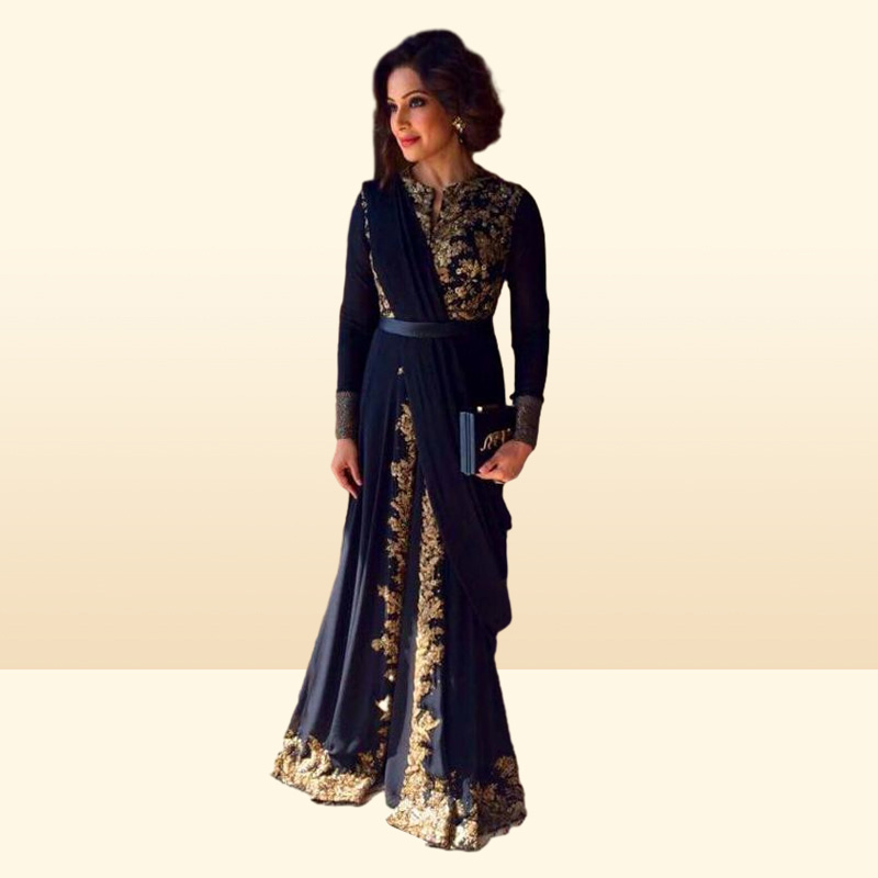 Gold Emboridery Applique Beaded Abaya Dubai Chiffon Kaftan Arabic Prom Gown Black Long Sleeve Front Slit Evening Gown