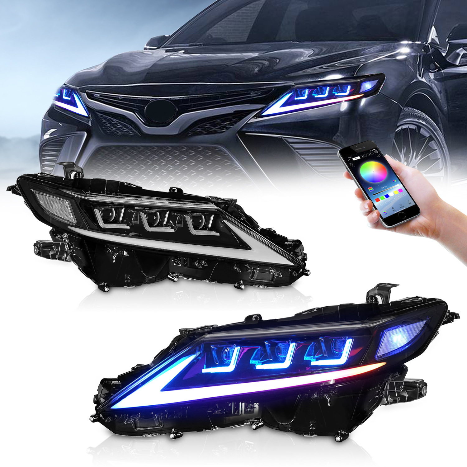 RGB Headlights For Toyota Camry 20 18-2023 With Seven Color Modified Headlight Assembly Streamer Signal Light Accessory
