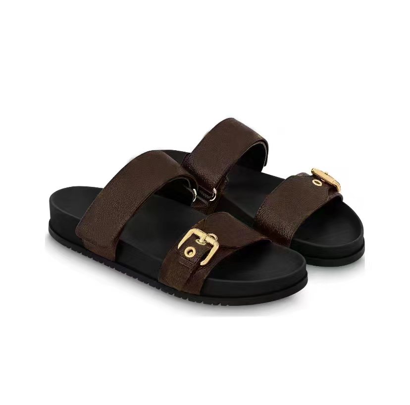Designer slippers slides sandals Summer Flats Sexy real leather platform couple Shoes Ladies Beach Effortlessly Stylish Slides 2 Straps with Adjusted Gold Buckles, Brown
Designer slippers slides sandals Summer Flats Sexy real leather platform couple Shoes Ladies Beach Effortlessly Stylish Slides 2 Straps with Adjusted Gold Buckles, Brown