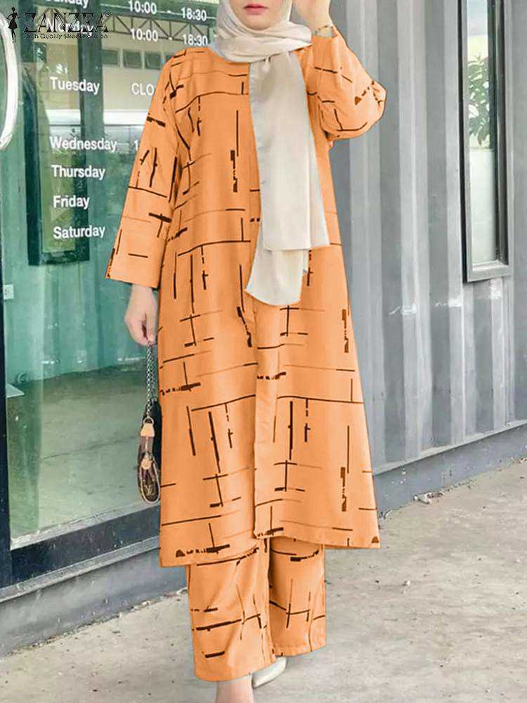 Kaftan Printed Suits Women Matching Sets RUKAS 2023 Casual Muslim Sets Long Sleeve Blouses Pants Turkey Abayas Top Blusas 2PCS