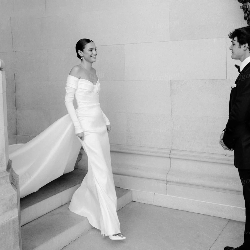 Vintage Mermaid Castle Wedding Gowns Long Train Pleat Full Sleeves Formal Bride Dresses Princess Women Party Bridal Gowns