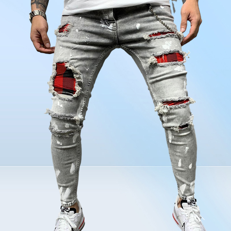 Men Pure Color Grid Jeans Gray Patchwork Designer Hip Hop Pants Slim Fit Elastic Hiphop Style Pencil 2204082648350