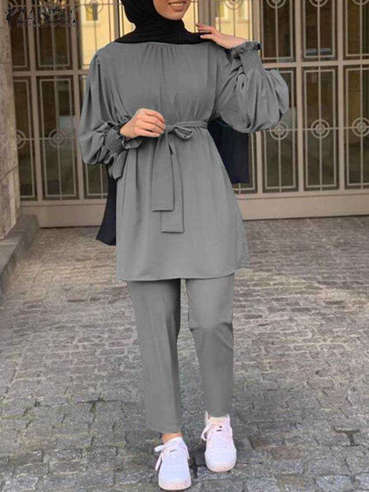 RUKAS 2PCS Women Long Sleeve Blouse Pants Sets Elegant Casual Dubai Outfits Islamic Clothes Solid Urban Tracksuit Muslim Sets