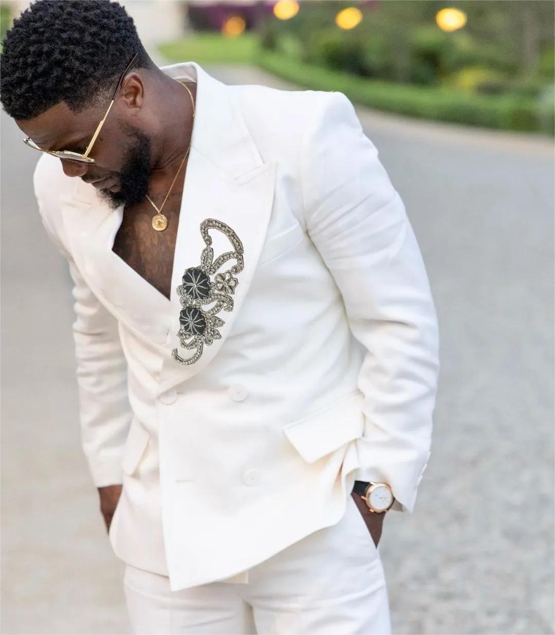 White Beaded Wedding Tuxedos Rhinestones Mens Suits 2 Pieces Sets Peaked Lapel Blazers Double Breasted Formal Suit With Jacket And Pants