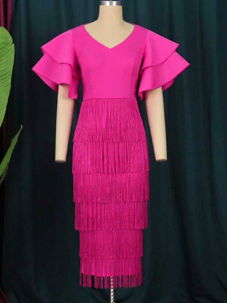 Plus Size Tassel Dress For Women Fringed Party Ruffle Butterfly Sleeve V Neck Fringe Clothing Elegant Fashion Prom Evening Gowns