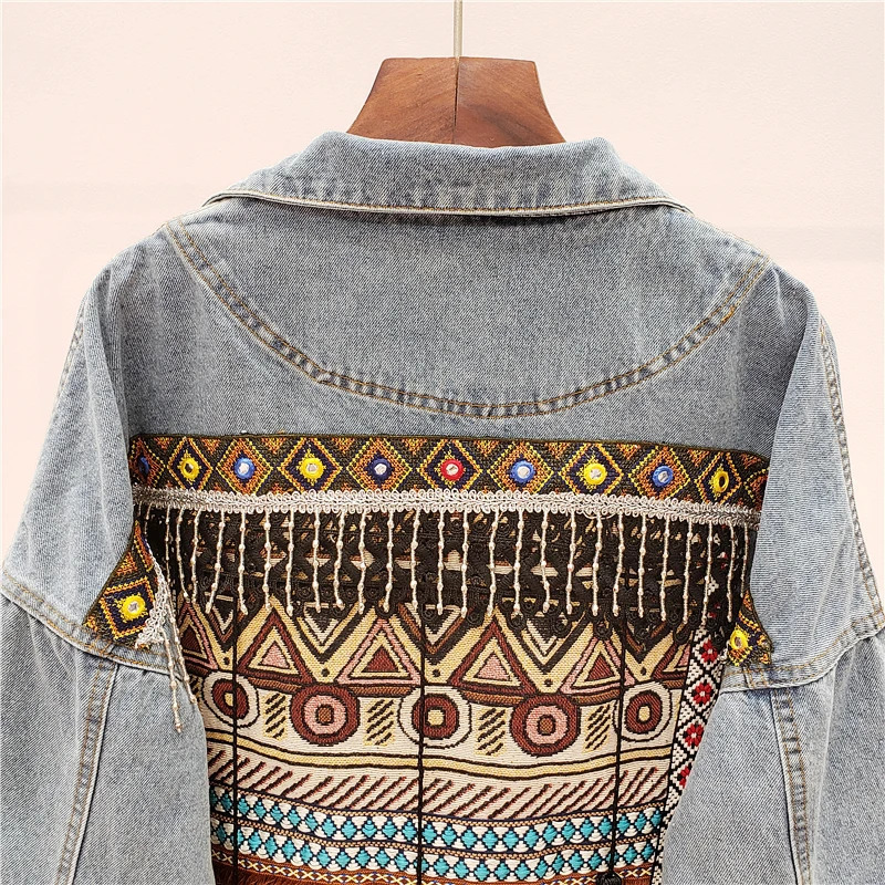 Women's Jackets Spring Loose Vintage Ethnic Embroidery Tassel Jeans Jacket Women Frayed Blue Denim Jacket Long Sleeve Casual Outerwear 231101