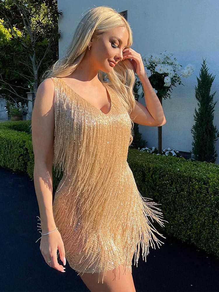 Sexy Women's Fringed Sequin Feather Stitching Dress 2023 Summer Slim V-Neck Off Shoulder Dresses Female Backless Slip Mini Robe