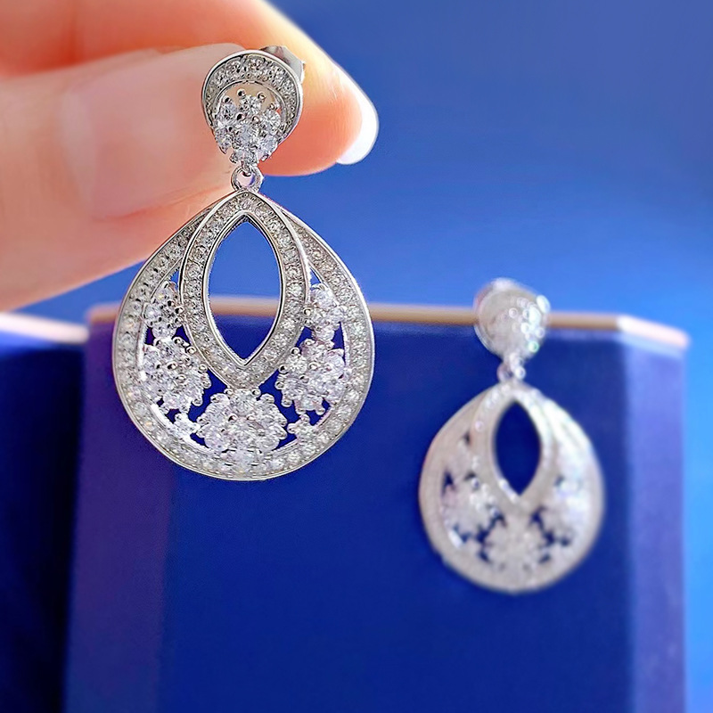 Hollow Flower Diamond Dangle Earring 100% Real 925 sterling silver Wedding Drop Earrings for Women Promise Engagement Jewelry