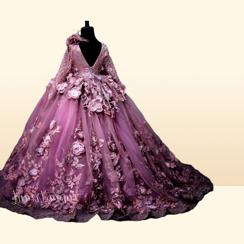 Plum 3D Floral Applique Ball Gown Girl Pageant Dresses Sheer Long Sleeve Appliques Floor Length Kids Toddler Pageant Gowns BC
