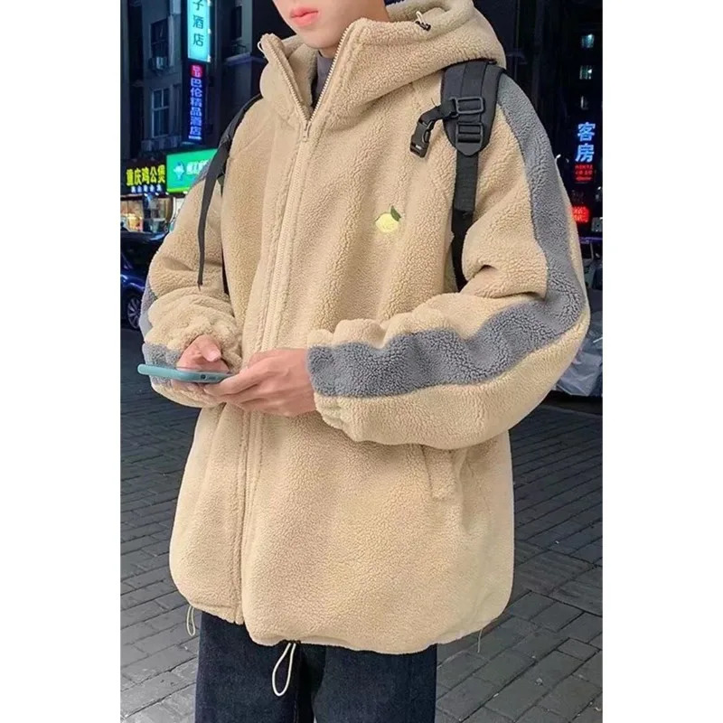 Men's Down Parkas 2023 Men Winter Sherpa Jacket Contrast Color Patchwork Fuzzy Coat Hooded Thick Warm Loose Fleece Streetwear Harajuku 231102