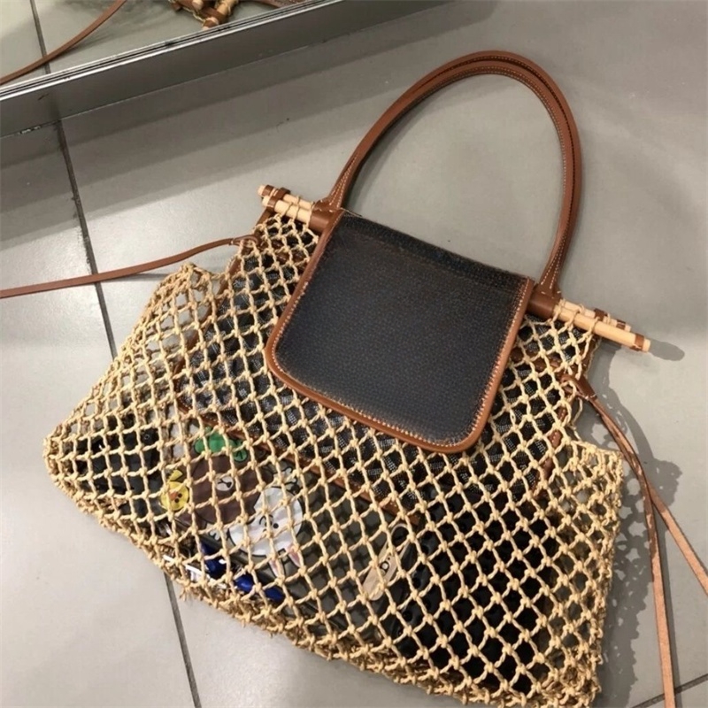 Beach Straw Bags Leather Pouches Casual Rattan Women Handbags Wicker Woven Female Totes Large Capacity Bag
