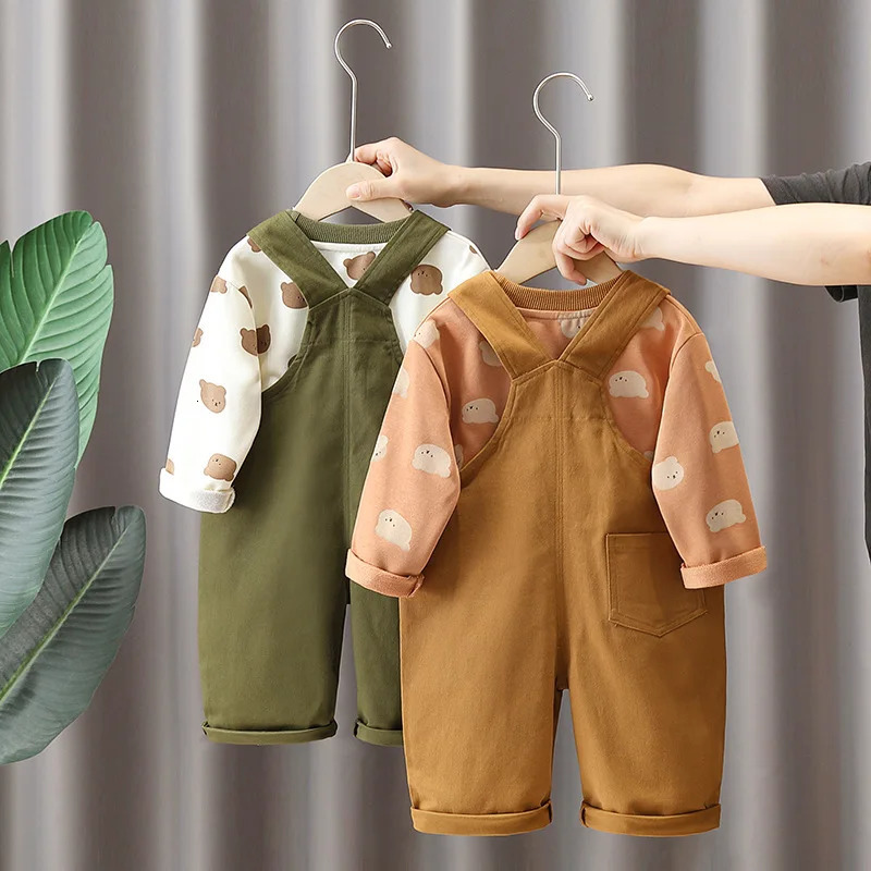Clothing Sets Spring Autumn Children Boy 2PCS Clothes Set Bear Printed Long Sleeve Pullovers Cartoon Infant Baby Jumpsuit Kids Outfits 231102
