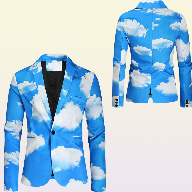 Suits Blazers Men Autumn And Winter New Fashion Blue Sky White Cloud Printed Suit Youth Random Single Button Suit J220906