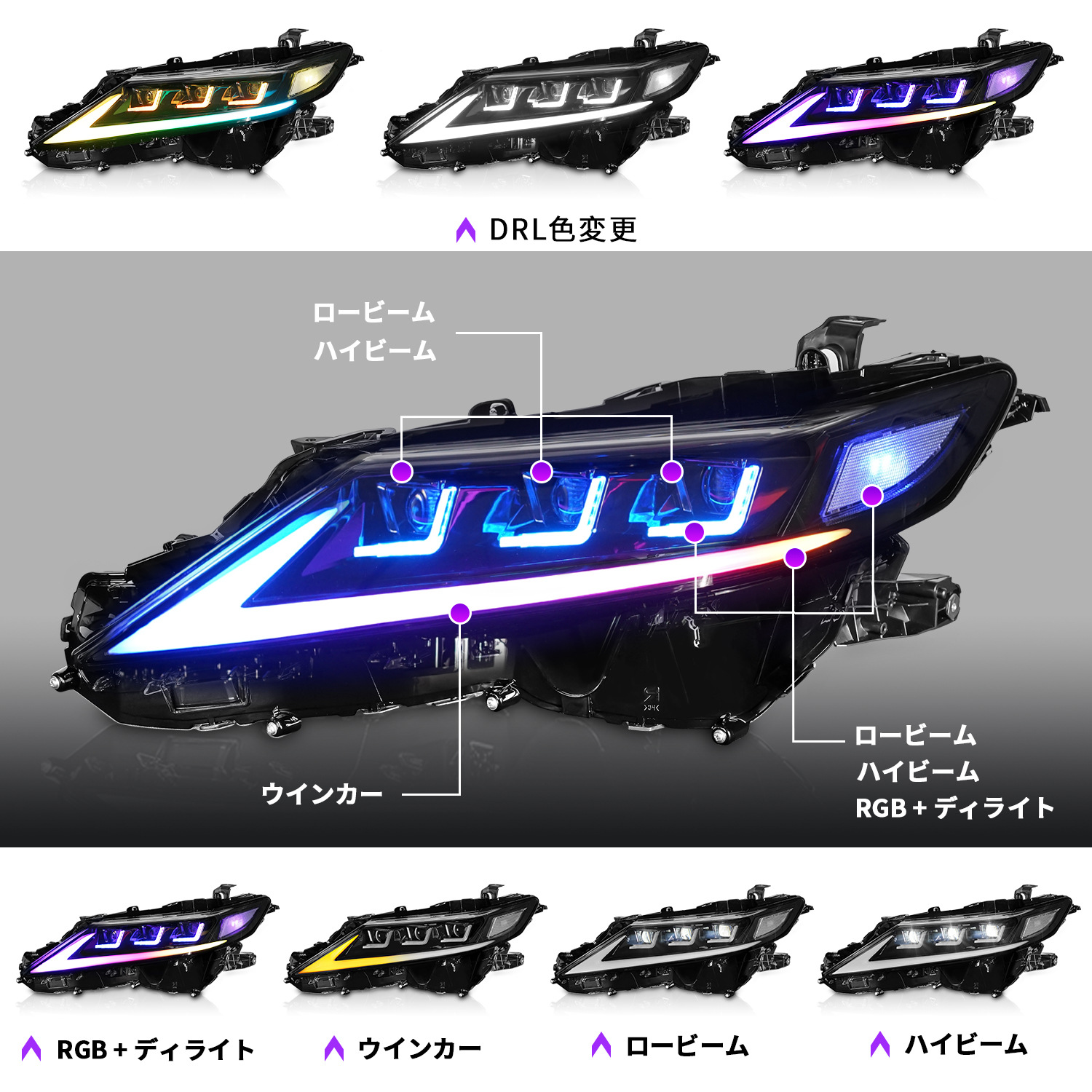 RGB Headlights For Toyota Camry 20 18-2023 With Seven Color Modified Headlight Assembly Streamer Signal Light Accessory