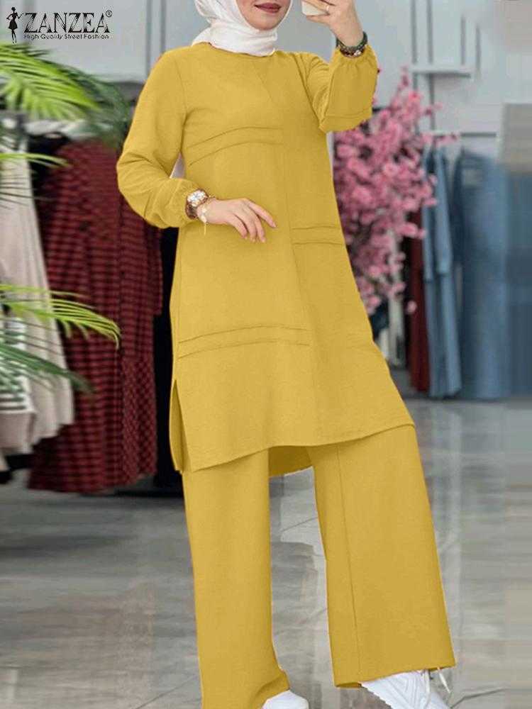 RUKAS Muslim Two Piece Sets Women Outifits Tracksuit Elegant Long Sleeve Blouse Wide Leg Pants Sets Solid Islamic Clothing 2023