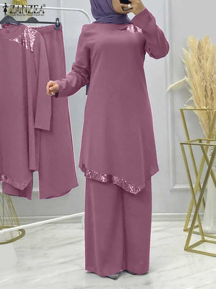2023 RUKAS Turkey Ramadan Muslim Set Women Fashion Long Sleeve Bead Splicing Blouse Wide Leg Pant Vintage Casual Elegant Suit