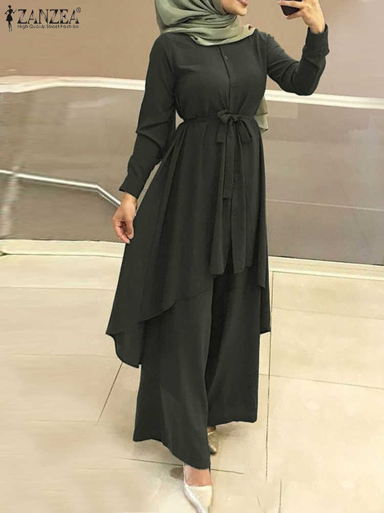 Muslim Wide Leg Trousers Islamic Suits RUKAS Two Piece Sets Womens Outifits Fashion Lapel Neck Long Sleeve Shirt Pant Sets