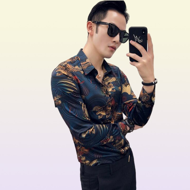 Gauges Animal Printed Dress Shirts Men Slim Fit Camisa Social Masculina Long Sleeve Shirt Fashion Mens Clothes Mauchley