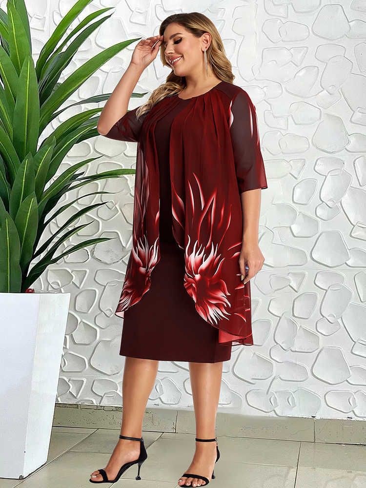 Plus Size Women Dress Elegant Mesh Print Midi Party Dresses 2023 Autumn Lady Casual Slim Christmas Evening Outfits Blue 3XL 4XL