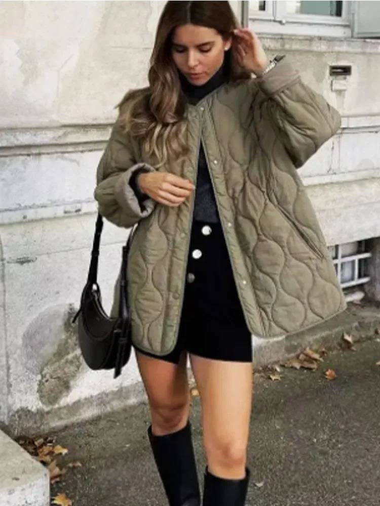 Women's Jackets Winter Solid Quilted For Women Oneck Single Breasted Loose Pocket Coat Female Casual Office Street Cotton Outerwear 231101