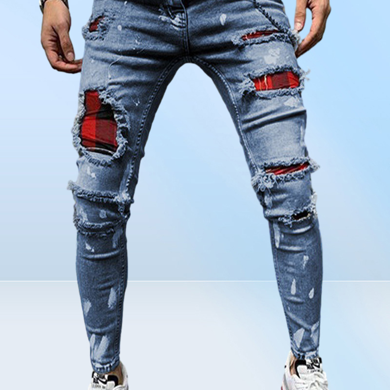 Men Pure Color Grid Jeans Gray Patchwork Designer Hip Hop Pants Slim Fit Elastic Hiphop Style Pencil 2204082648350