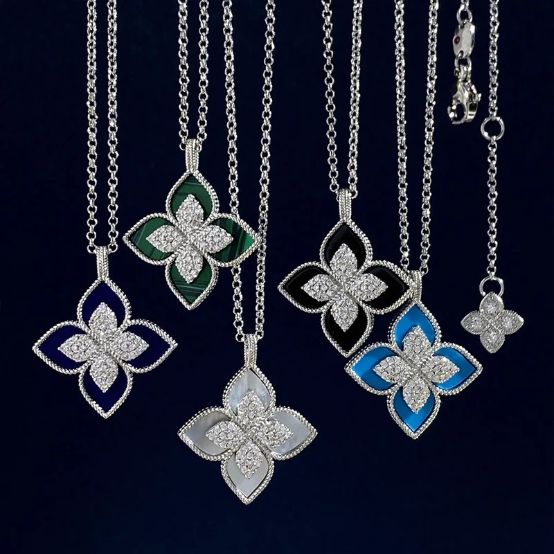 Chokers Fashion Short Choke Necklace 18K Gold Silver Color Lucky Clover Shell Cubic Zirconia Retro Flower Pendant Chain Women Jewelry 231101