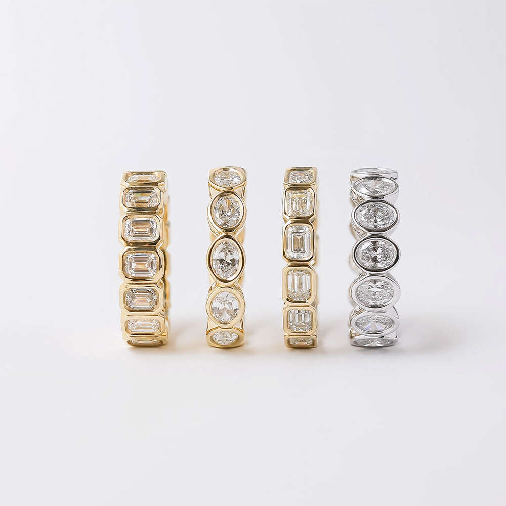 Luster Unique Wedding Eternity Band Sier 14k Gold Bezel Set 3x5mm Emerald Cut Moissanite Oval Ring for Women