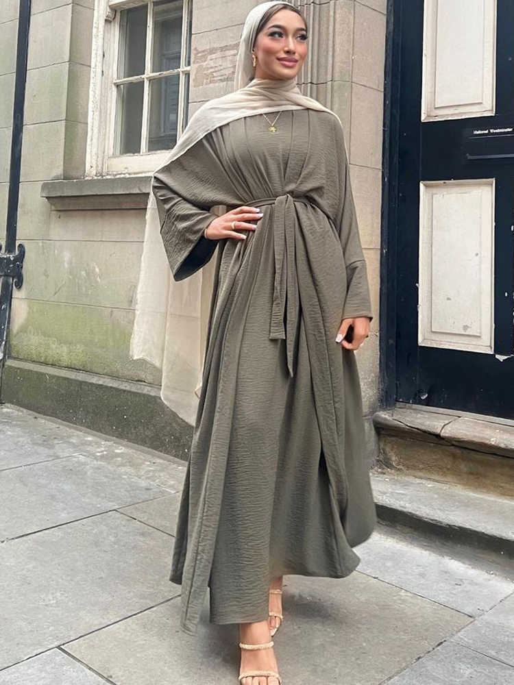 Autumn Winter Muslim Woman Set Minimalist Matching Outfits Abaya Kimono Sleeveless Dress Dubai Turkish Modesty Casual Ramadan