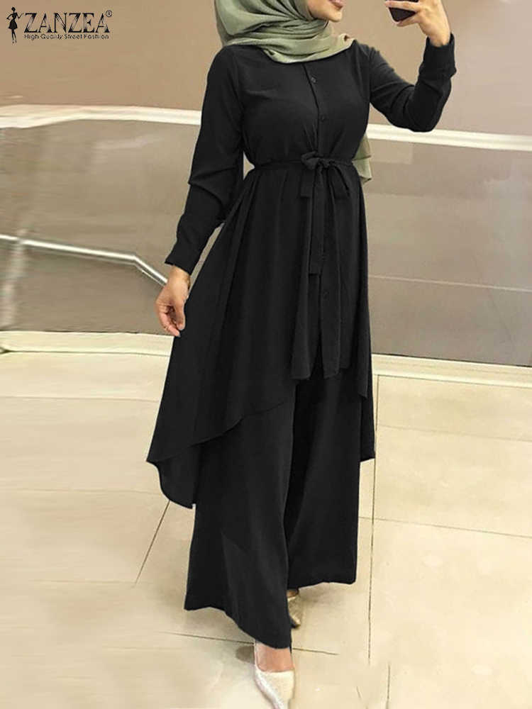 Muslim Wide Leg Trousers Islamic Suits RUKAS Two Piece Sets Womens Outifits Fashion Lapel Neck Long Sleeve Shirt Pant Sets