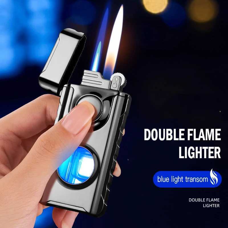 Lighters New Double Flame Straight TorchTurbo Bright Fire Butane Inflatable LED Light Gas Window Cigar Lighter Men's Tools Gift W260202