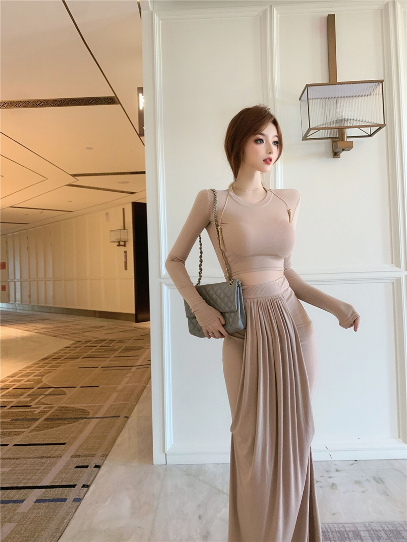 Womens o-neck long sleeve crop top and maxi long skirt 2 piece dress suit twinset SML