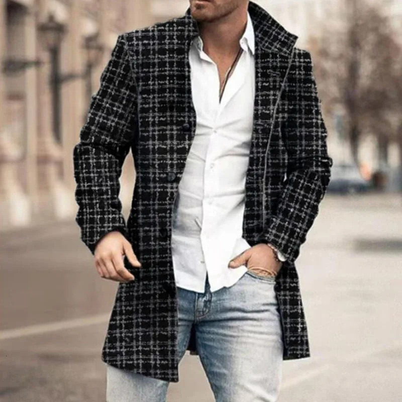 Men's Wool Blends Vintage Plaid Printed Jacket Coat Men Fall Winter Fashion Single Breasted Lapel Jackets Classic Slim Long Sleeve Outerwear 2311
