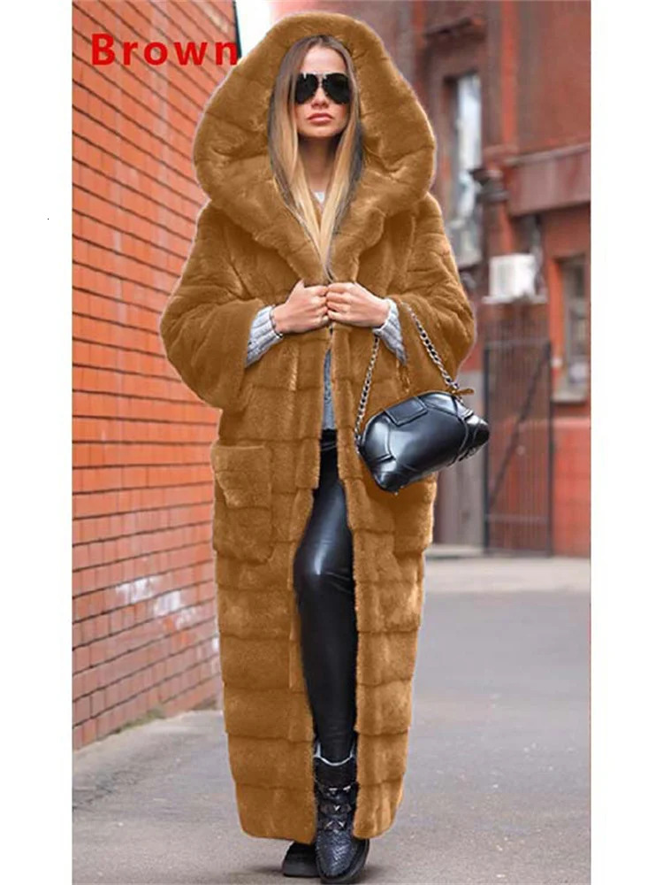 Women's Fur Faux Fur Coat Women Black S-5XL Long Thick Warmth Hooded Mink Fur Jacket Autumn Winter Fashion Pink Streetwear Overcoat Clothing 2311