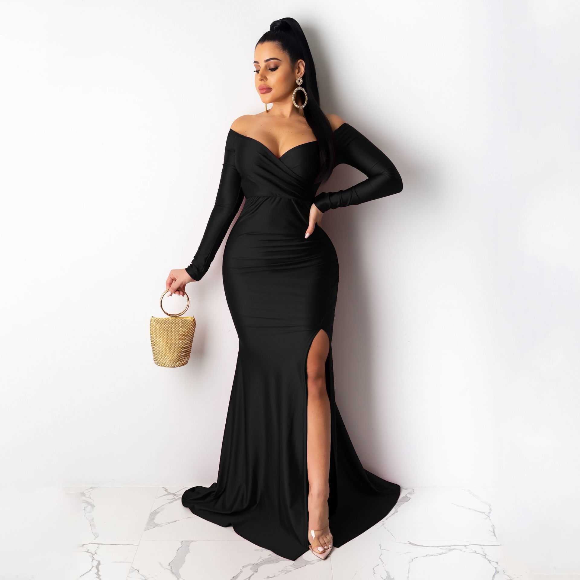 RUKAS Autumn Winter Women Off Shoulder Plunging V-neck High Side Split Mermaid Maxi Dress Sexy Night Party Club Long Dresses
