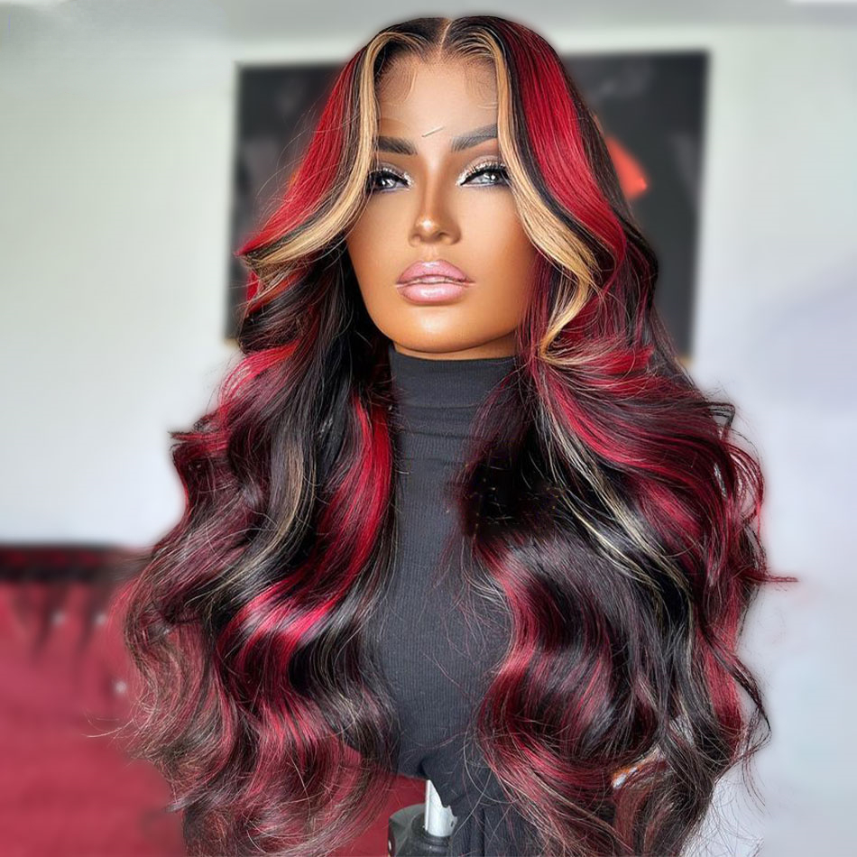 Free shipping Brazilian Highlight Red Blonde Colored Straight Body Wave Ready To Wear Glueless Pre-Plucked 13x4 Lace Frontal Silation Human Wig Easter
